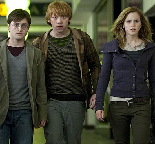Harry Potter and the Deathly Hallows, Daniel Radcliffe (as Harry), Emma Watson (as Hermione) and Rupert Grint (as Ron). 