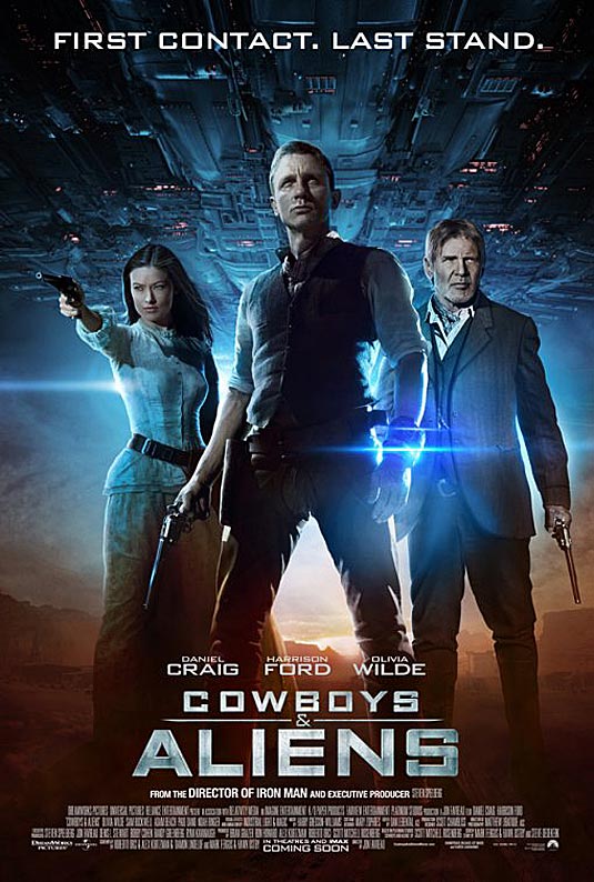 Cowboys And Aliens Poster, Daniel Craig (Jake Lonergan), Harrison Ford (Col. Woodrow Dolarhyde) and Olivia Wilde (Ella)