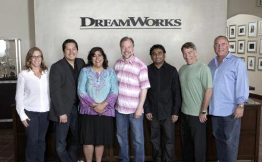 Left to Right: Lisa Stewart (producer), Paul Berges (writer), Gurinder Chadha (writer), Kevin Lima (director), AR Rahman (EP/composer), Stephen Schwartz (EP/lyricist), Chris Chase (producer). (PRNewsFoto/DreamWorks Animation SKG, Inc.) 