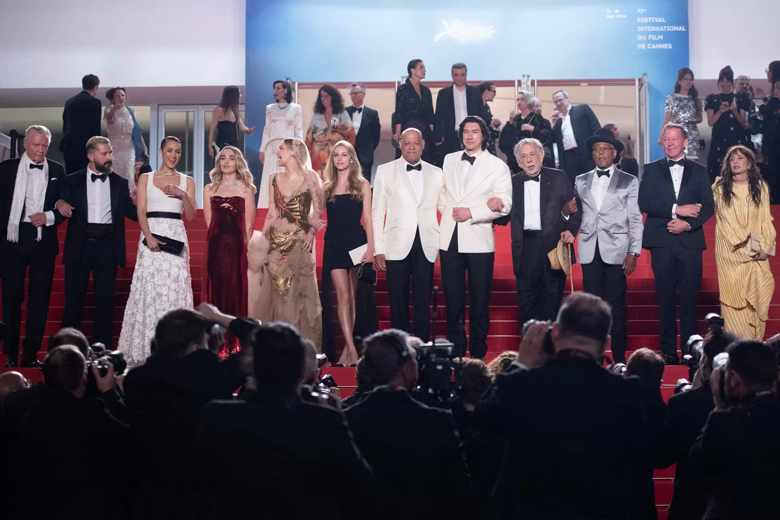 Jon Voight, Shia LaBeouf, Nathalie Emmanuel, Chloe Fineman, Grace VanderWaal, Romy Croquet Mars, Laurence Fishburne, Adam Driver, Francis Ford Coppola, Giancarlo Esposito, D. B. Sweeney and Kathryn Hunter attend the “Megalopolis” Red Carpet