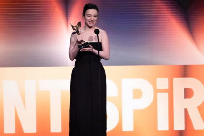 Mikey Madison accepts the award for best lead performance for "Anora" during the Film Independent Spirit Awards on Saturday, Feb. 22, 2025