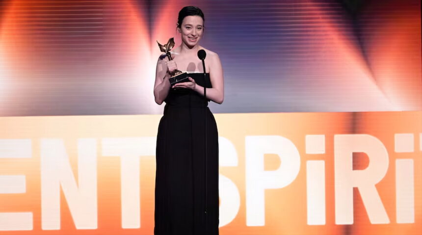 Mikey Madison accepts the award for best lead performance for "Anora" during the Film Independent Spirit Awards on Saturday, Feb. 22, 2025