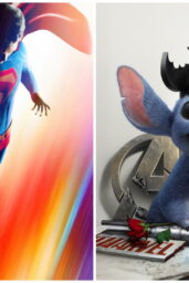 Superman flying Stitch smiling