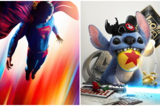 Superman flying Stitch smiling