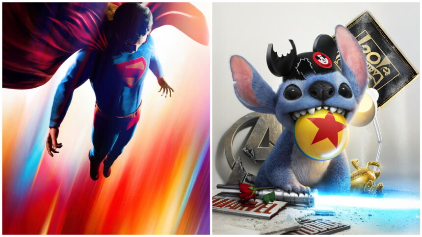 Superman flying Stitch smiling